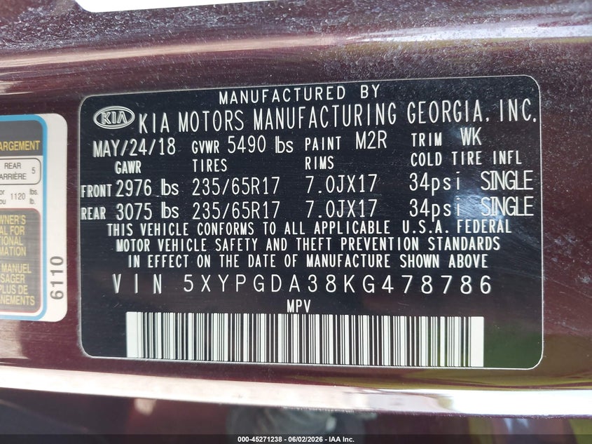 2019 Kia Sorento VIN 5XYPGDA38KG478786 IAAI salvage auction — FRONT END, Salvage Title, sold $2,450 on 2026-07-20 (photo 9)