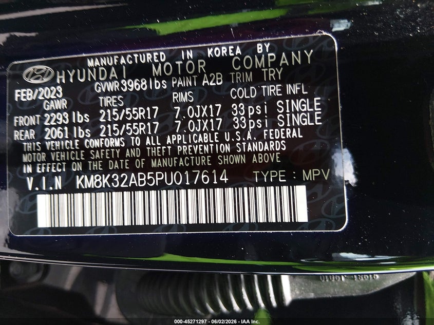 2023 Hyundai Kona VIN KM8K32AB5PU017614 IAAI salvage auction — FRONT END, Salvage Title, sold $5,150 on 2026-07-23 (photo 9)