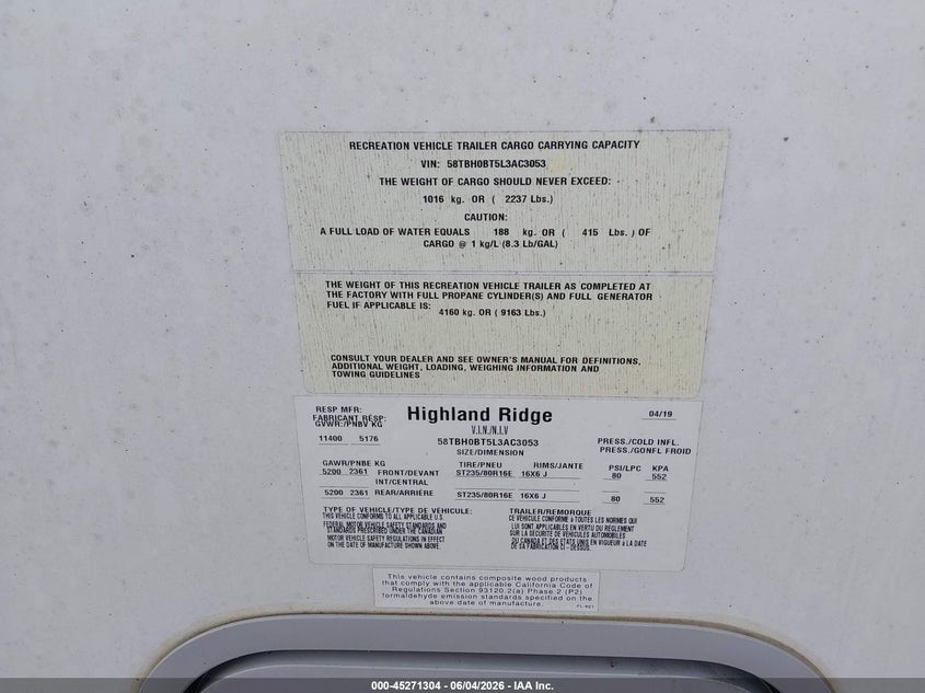 2020 Open range Other VIN 58TBH0BT5L3AC3053 IAAI salvage auction — ROOF, Original (Texas), sold $6,400 on 2026-08-26 (photo 9)