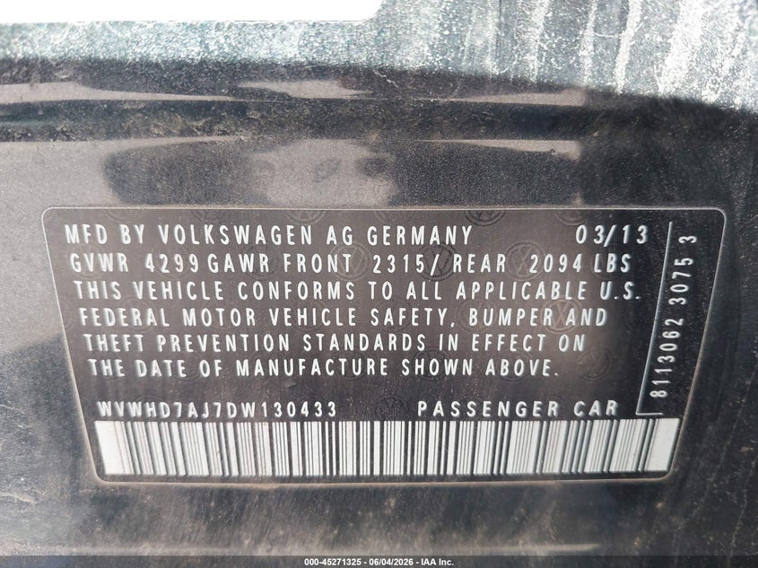 2013 Volkswagen Gti VIN WVWHD7AJ7DW130433 IAAI salvage auction — NORMAL WEAR, Wait Title, sold $550 on 2026-08-03 (photo 9)