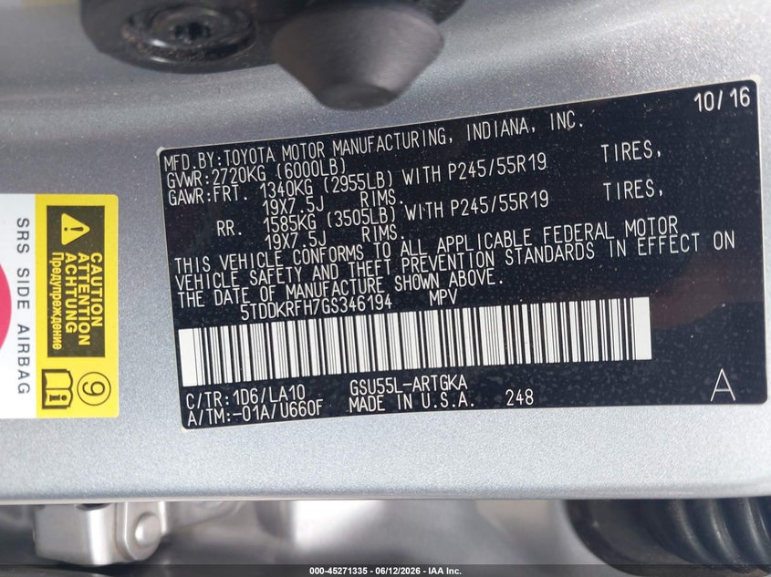 2016 Toyota Highlander VIN 5TDDKRFH7GS346194 IAAI salvage auction — FRONT END, Salvage Title, sold $3,950 on 2026-07-23 (photo 9)