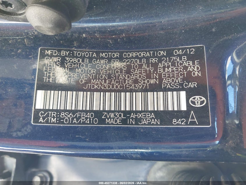 2012 Toyota Prius VIN JTDKN3DU0C1543971 IAAI salvage auction — FRONT END, Salvage (Pennsylvania), sold $475 on 2026-07-24 (photo 9)