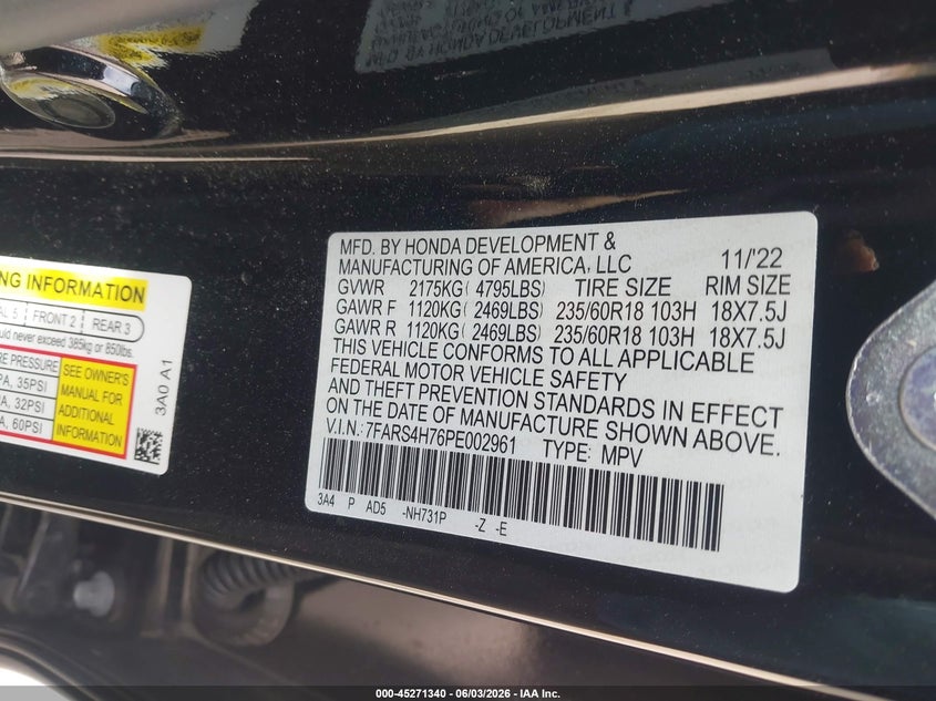 2023 Honda Cr-v VIN 7FARS4H76PE002961 IAAI salvage auction — SIDE, Salvage Title, sold $15,600 on 2026-07-11 (photo 9)