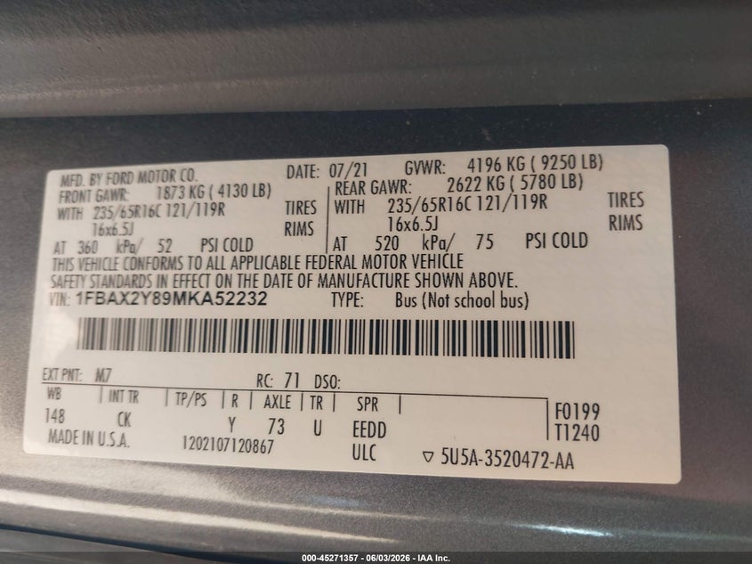 2021 Ford Transit VIN 1FBAX2Y89MKA52232 IAAI salvage auction — HAIL, Salvage Title, sold $13,600 on 2026-07-12 (photo 9)
