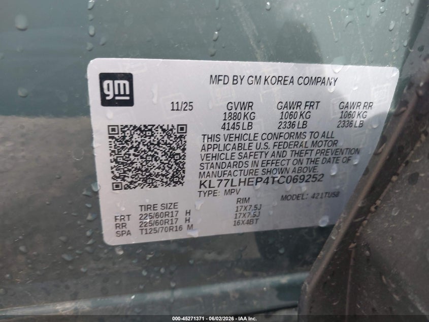 2026 Chevrolet Trax VIN KL77LHEP4TC069252 IAAI salvage auction — LEFT FRONT, Salvage Title, sold $6,975 on 2026-07-15 (photo 9)