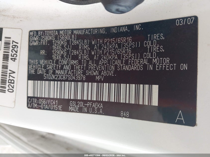 2007 Toyota Sienna VIN 5TDZK23C87S043978 IAAI salvage auction — REAR END, Regular (South Dakota), sold $975 on 2026-07-10 (photo 9)