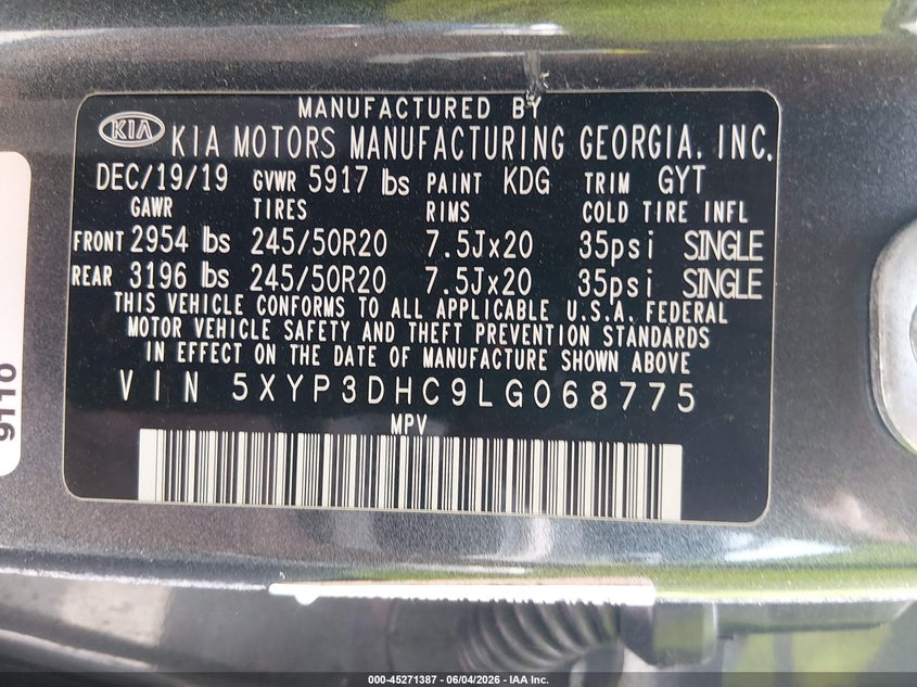 2020 Kia Telluride VIN 5XYP3DHC9LG068775 IAAI salvage auction — FRONT END, Salvage Title, sold $3,800 on 2026-07-27 (photo 9)