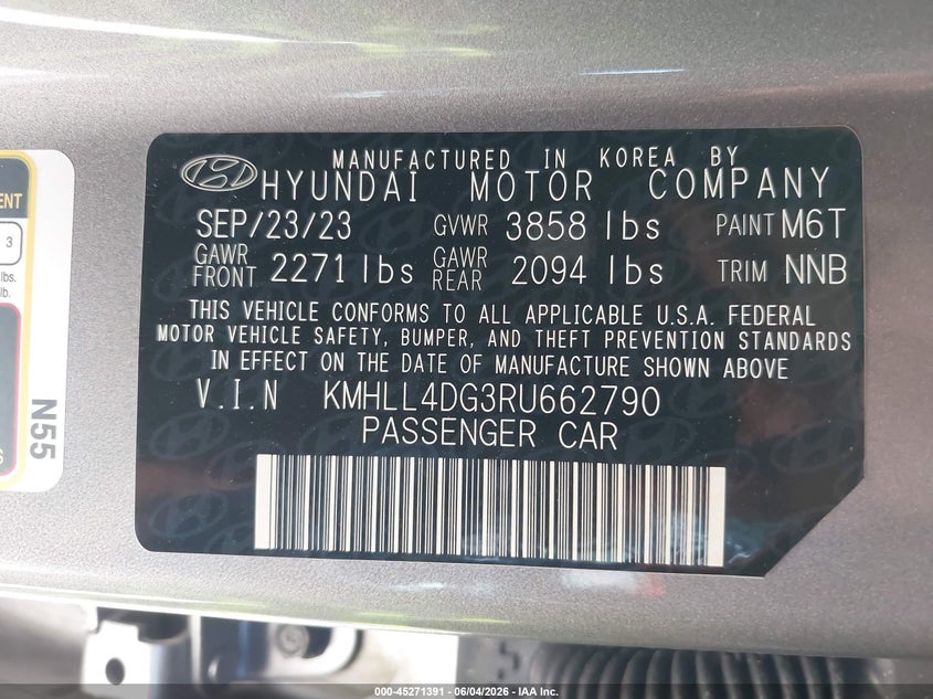 2024 Hyundai Elantra VIN KMHLL4DG3RU662790 IAAI salvage auction — FRONT END, Salvage Title, sold $3,450 on 2026-07-21 (photo 9)
