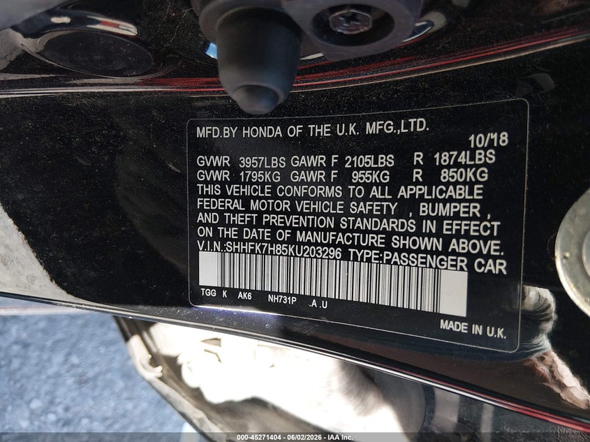 2019 Honda Civic VIN SHHFK7H85KU203296 IAAI salvage auction — RIGHT SIDE, Salvage Title, sold $5,000 on 2026-07-28 (photo 9)