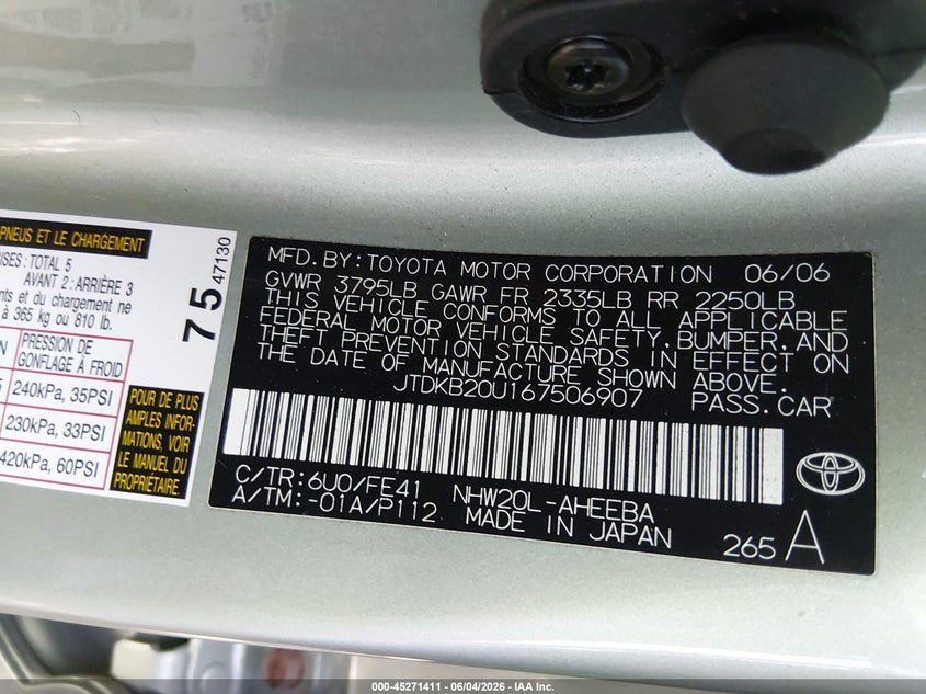2006 Toyota Prius VIN JTDKB20U167506907 IAAI salvage auction — RIGHT FRONT, Salvage (Virginia), sold $450 on 2026-07-16 (photo 9)