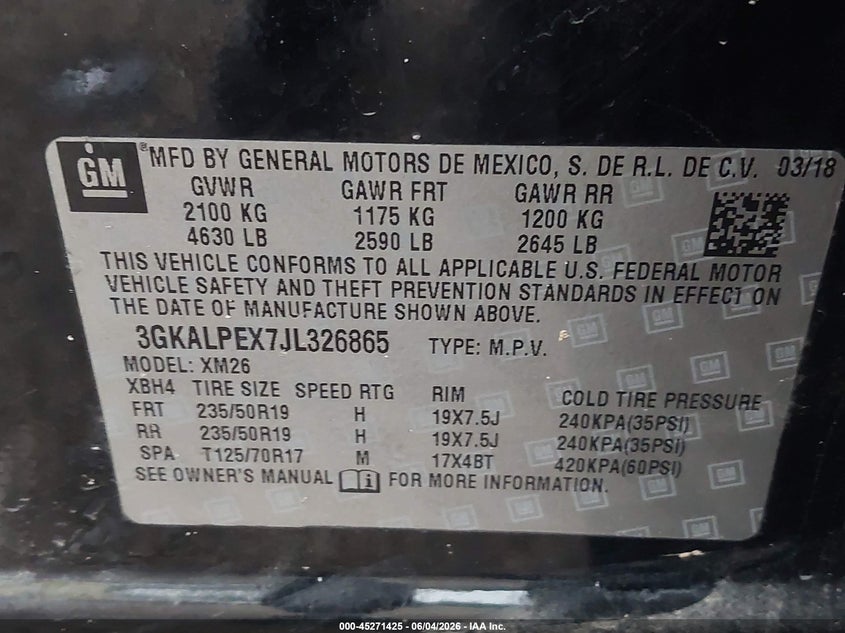 2018 Gmc Terrain VIN 3GKALPEX7JL326865 IAAI salvage auction — WATER/FLOOD, Salvage Title, sold $525 on 2026-07-29 (photo 9)