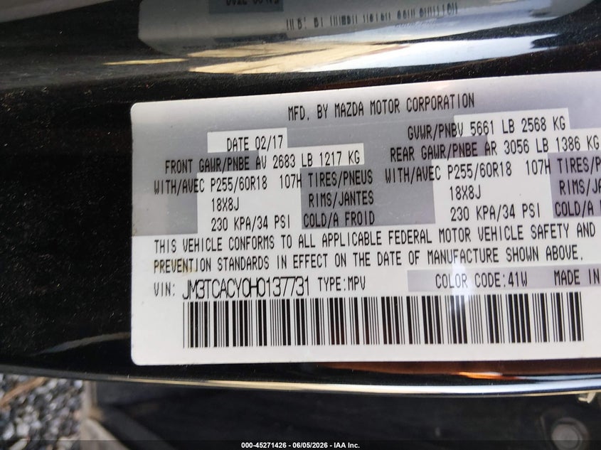 2017 Mazda Cx-9 VIN JM3TCACY0H0137731 IAAI salvage auction — FRONT END, Salvage Title, sold $2,550 on 2026-07-18 (photo 9)