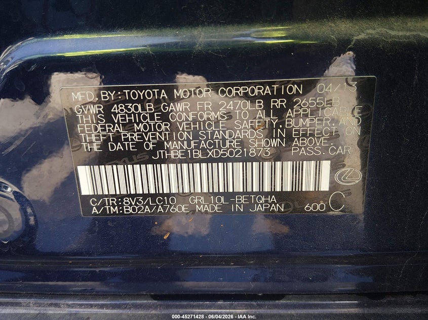 2013 Lexus Gs VIN JTHBE1BLXD5021873 IAAI salvage auction — FRONT END, Salvage Title, sold $5,625 on 2026-07-08 (photo 9)