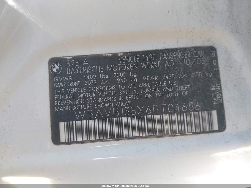 2006 BMW 3 series VIN WBAVB135X6PT04656 IAAI salvage auction — RIGHT FRONT, Rebuilt (Indiana), sold $400 on 2026-07-08 (photo 9)