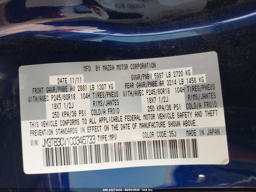 2012 Mazda Cx-9 VIN JM3TB3CV1C0346733 IAAI salvage auction — FRONT & REAR, Salvage Title, sold $975 on 2026-07-16 (photo 9)