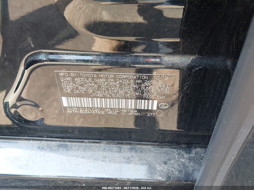 2013 Lexus Gs VIN JTHBE1BL9D5017510 IAAI salvage auction — FRONT END, Salvage - Greater Than 75% (Maryland), sold $1,200 on 2026-07-15 (photo 9)