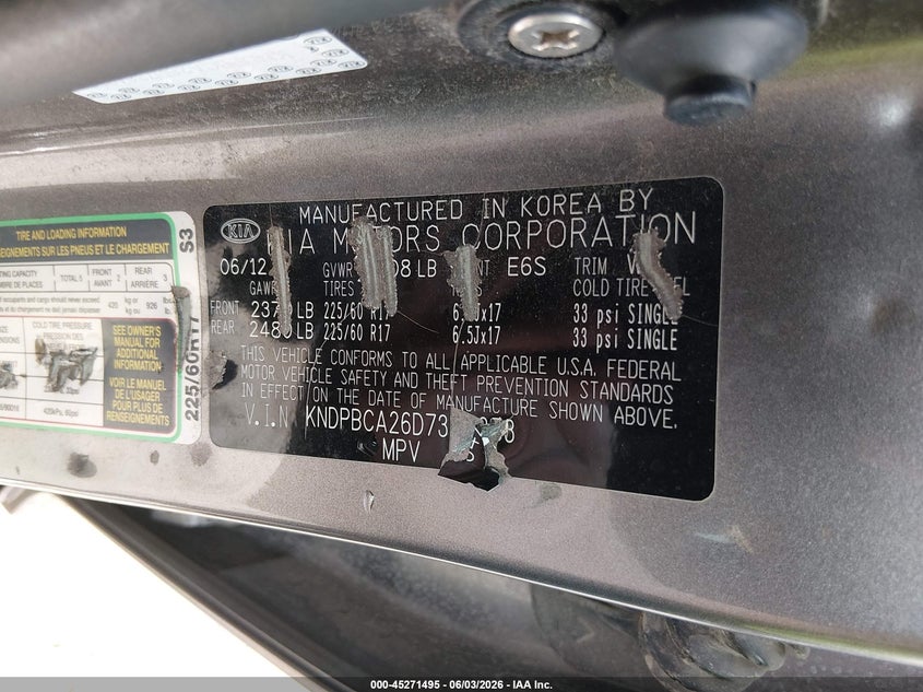 2013 Kia Sportage VIN KNDPBCA26D7364253 IAAI salvage auction — HAIL, Salvage Title, sold $1,800 on 2026-07-11 (photo 9)