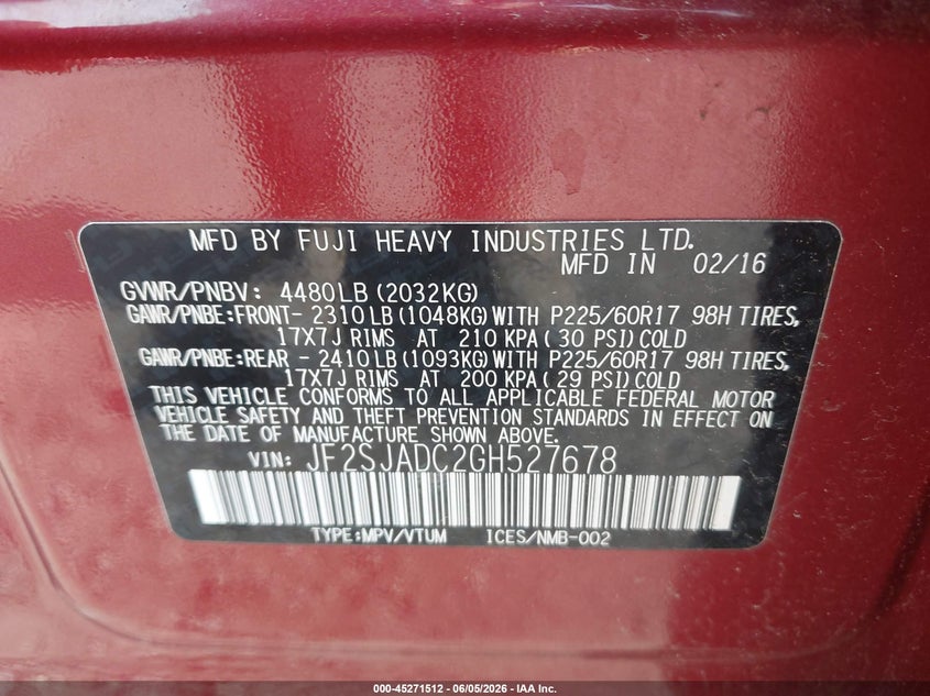 2016 Subaru Forester VIN JF2SJADC2GH527678 IAAI salvage auction — NORMAL WEAR, Clear (Virginia), sold $425 on 2026-07-07 (photo 9)