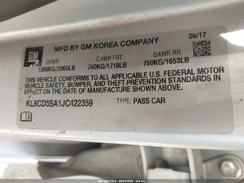 2018 Chevrolet Spark VIN KL8CD6SA1JC422359 IAAI salvage auction — LEFT SIDE, Salvage Title, sold $25 on 2026-07-08 (photo 9)
