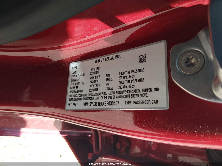 2025 Tesla Model 3 VIN 5YJ3E1EAXSF030407 IAAI salvage auction — FRONT & REAR, Salvage Title, sold $17,100 on 2026-07-07 (photo 9)