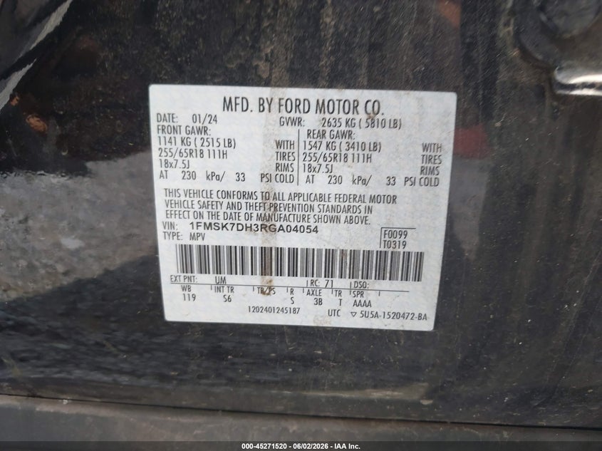 2024 Ford Explorer VIN 1FMSK7DH3RGA04054 IAAI salvage auction — SIDE, Rebuildable (Florida), sold $8,100 on 2026-07-30 (photo 9)