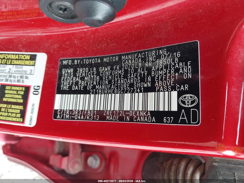 2016 Toyota Corolla VIN 2T1BURHE8GC727341 IAAI salvage auction — FRONT END, Salvage Title, sold $525 on 2026-07-31 (photo 9)