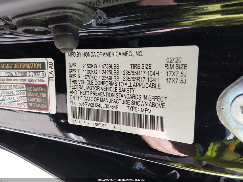 2020 Honda Cr-v VIN 5J6RW2H24LL007649 IAAI salvage auction — FRONT END, Salvage (Missouri), sold $3,750 on 2026-07-29 (photo 9)