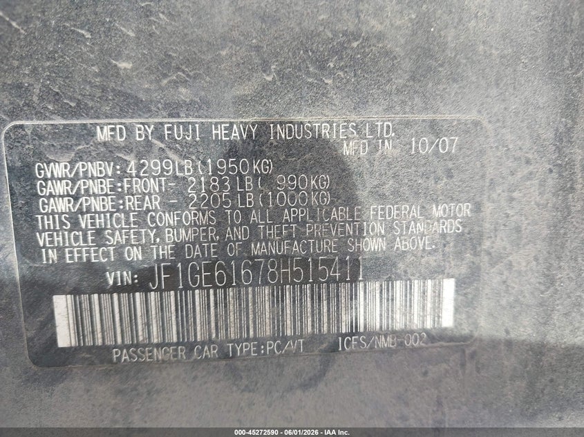 2008 Subaru VIN JF1GE61678H515411 IAAI salvage auction — NORMAL WEAR, Clear (Virginia), sold $325 on 2026-07-13 (photo 9)