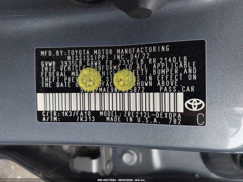 2022 Toyota Corolla VIN 5YFDPMAE9NP325872 IAAI salvage auction — REAR END, Salvage Title, sold $4,800 on 2026-07-09 (photo 9)