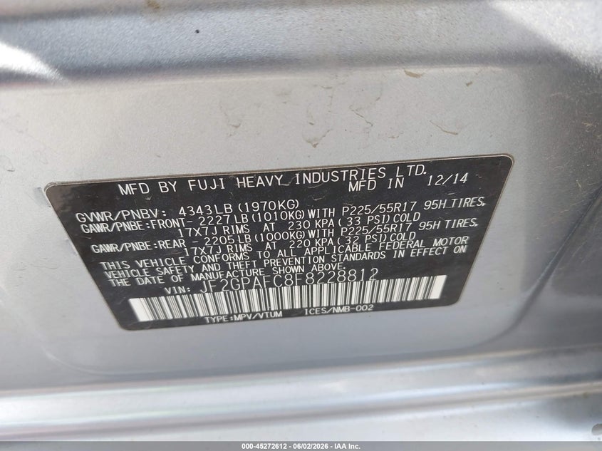 2015 Subaru Xv VIN JF2GPAFC8F8228812 IAAI salvage auction — LEFT SIDE, Salvage (Iowa), sold $25 on 2026-07-28 (photo 9)