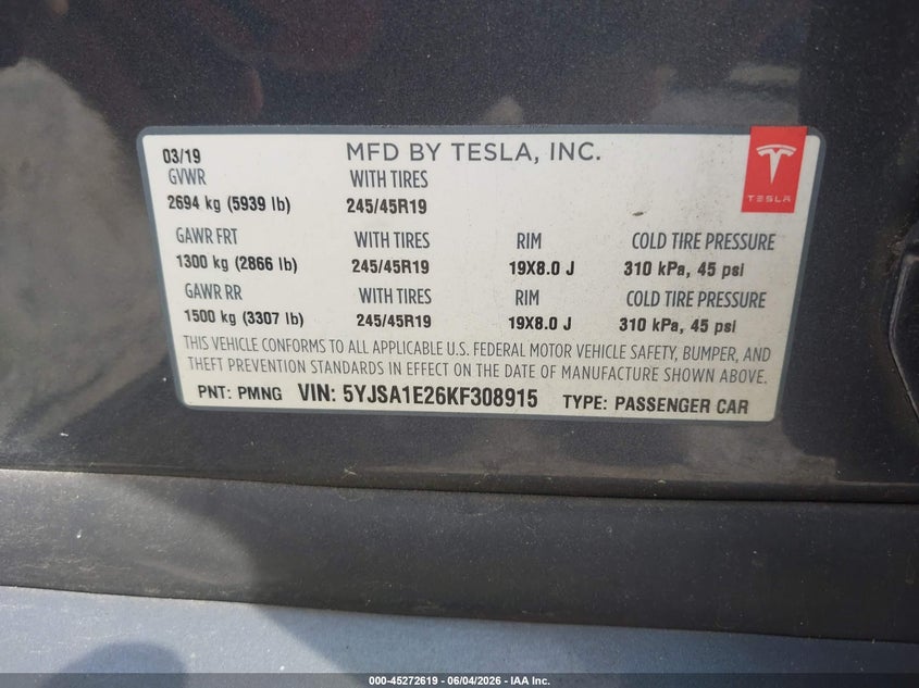 2019 Tesla Model s VIN 5YJSA1E26KF308915 IAAI salvage auction — RIGHT SIDE, Salvage Title, sold $4,500 on 2026-07-14 (photo 9)