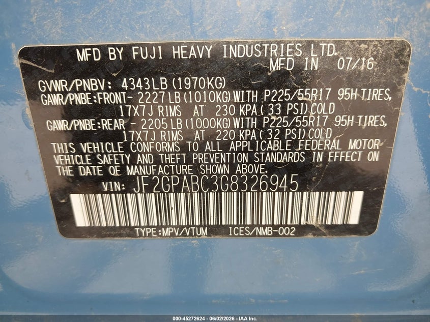 2016 Subaru Xv VIN JF2GPABC3G8326945 IAAI salvage auction — FRONT END, Salvage Title, sold $400 on 2026-07-22 (photo 9)