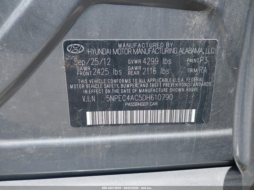 2013 Hyundai Sonata VIN 5NPEC4AC5DH610790 IAAI salvage auction — FRONT & REAR, Salvage Title, sold $800 on 2026-07-08 (photo 9)