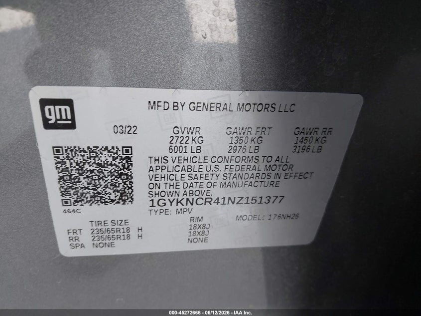 2022 Cadillac Xt5 VIN 1GYKNCR41NZ151377 IAAI salvage auction — FRONT END, Salvage Title, sold $12,275 on 2026-08-20 (photo 9)