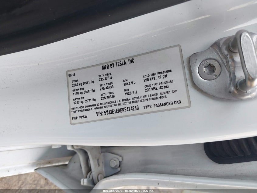 2019 Tesla Model 3 VIN 5YJ3E1EA6KF474240 IAAI salvage auction — FRONT END, Salvage Title, sold $3,300 on 2026-07-23 (photo 9)