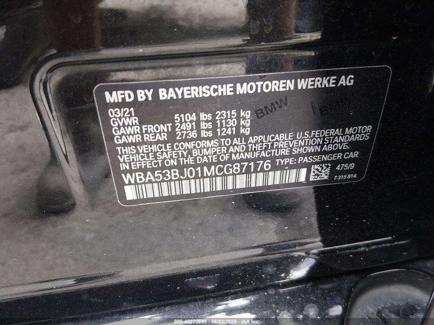 2021 BMW 5er VIN WBA53BJ01MCG87176 IAAI salvage auction — FRONT END, Salvage Title, sold $12,600 on 2026-07-29 (photo 9)