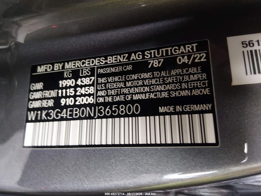 2022 Mercedes-benz A-klasse VIN W1K3G4EB0NJ365800 IAAI salvage auction — UNDERCARRIAGE, Original (Texas), sold $7,500 on 2026-07-28 (photo 9)