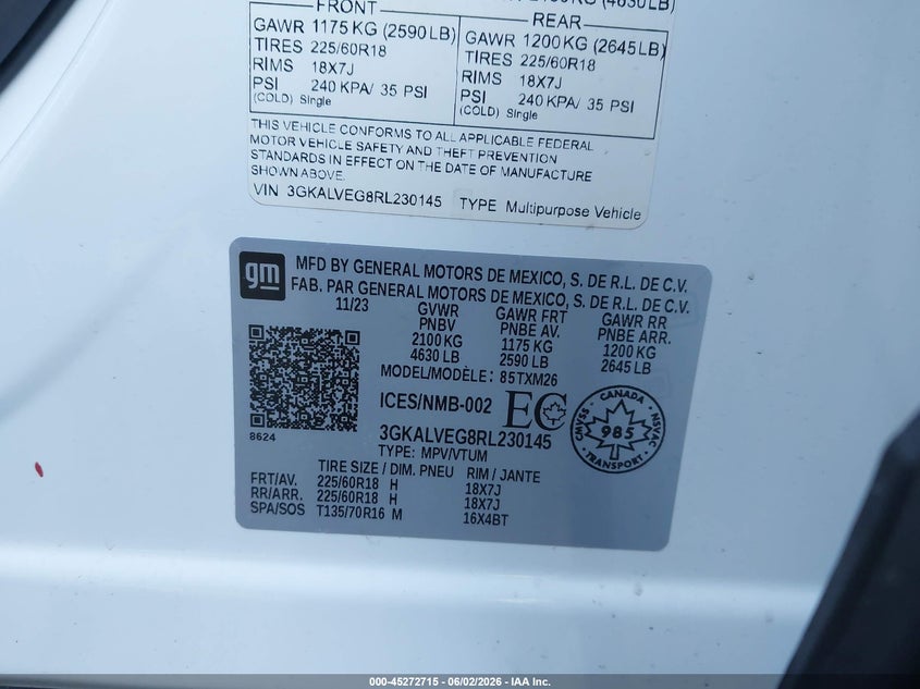 2024 Gmc Terrain VIN 3GKALVEG8RL230145 IAAI salvage auction — RIGHT FRONT, Salvage Title, sold $9,100 on 2026-07-27 (photo 9)