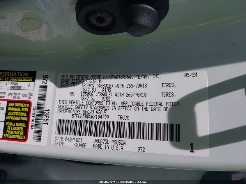 2024 Toyota Tundra VIN 5TFLA5DBXRX194799 IAAI salvage auction — FRONT END, Salvage (California), sold $12,100 on 2026-07-28 (photo 9)