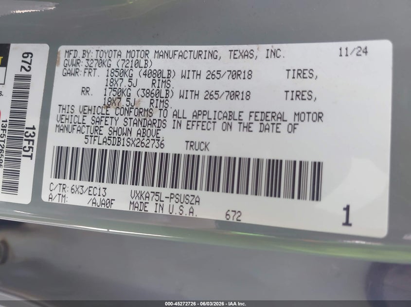 2025 Toyota Tundra VIN 5TFLA5DB1SX262736 IAAI salvage auction — FRONT END, Salvage Title, sold $17,450 on 2026-07-21 (photo 9)