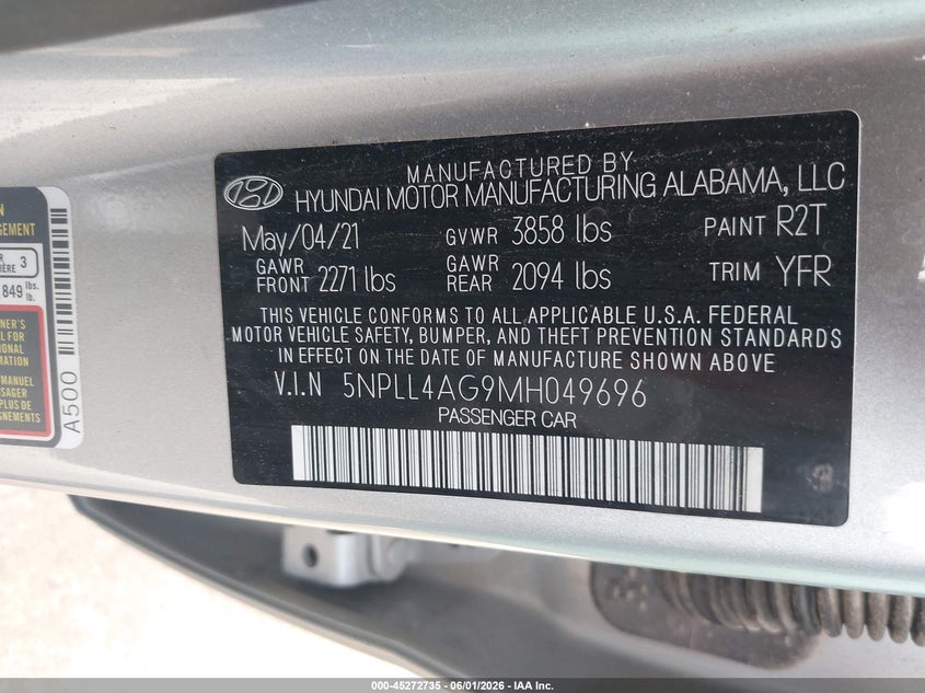 2021 Hyundai Elantra VIN 5NPLL4AG9MH049696 IAAI salvage auction — REAR END, Sf97 (Texas), sold $10,100 on 2026-07-07 (photo 9)