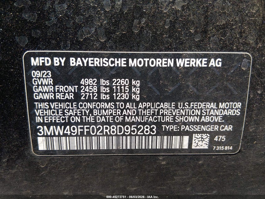 2024 BMW 3er VIN 3MW49FF02R8D95283 IAAI salvage auction — FRONT & REAR, Salvage Title, sold $7,800 on 2026-07-27 (photo 9)