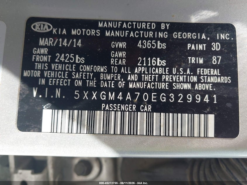 2014 Kia Optima VIN 5XXGM4A70EG329941 IAAI salvage auction — FRONT END, Clear (Texas), sold $400 on 2026-07-07 (photo 9)