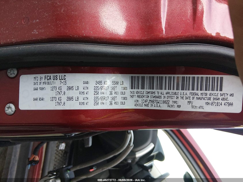 2016 Jeep Cherokee VIN 1C4PJMAB7GW110022 IAAI salvage auction — FRONT END, Salvage Title, sold $1,900 on 2026-09-05 (photo 9)