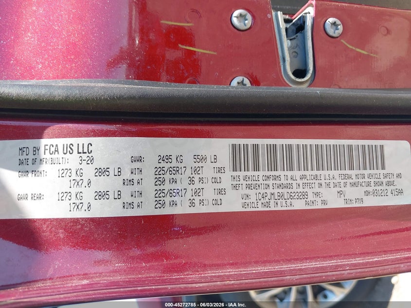 2020 Jeep Cherokee VIN 1C4PJMLB0LD623289 IAAI salvage auction — FRONT END, Salvage Title, sold $3,650 on 2026-07-11 (photo 9)