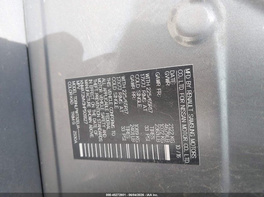 2017 Nissan Rogue VIN KNMAT2MV3HP509127 IAAI salvage auction — FRONT END, Salvage Title, sold $1,300 on 2026-07-21 (photo 9)