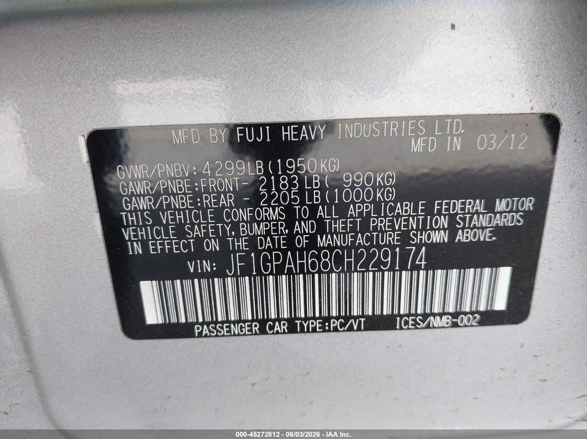 2012 Subaru Impreza VIN JF1GPAH68CH229174 IAAI salvage auction — FRONT END, Salvage Title, sold $450 on 2026-07-09 (photo 9)