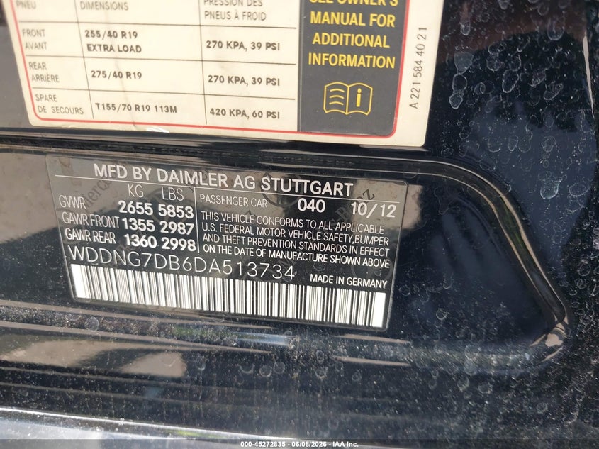 2013 Mercedes-benz S-klasse VIN WDDNG7DB6DA513734 IAAI salvage auction — FRONT END, Original (Texas), sold $3,650 on 2026-08-16 (photo 9)