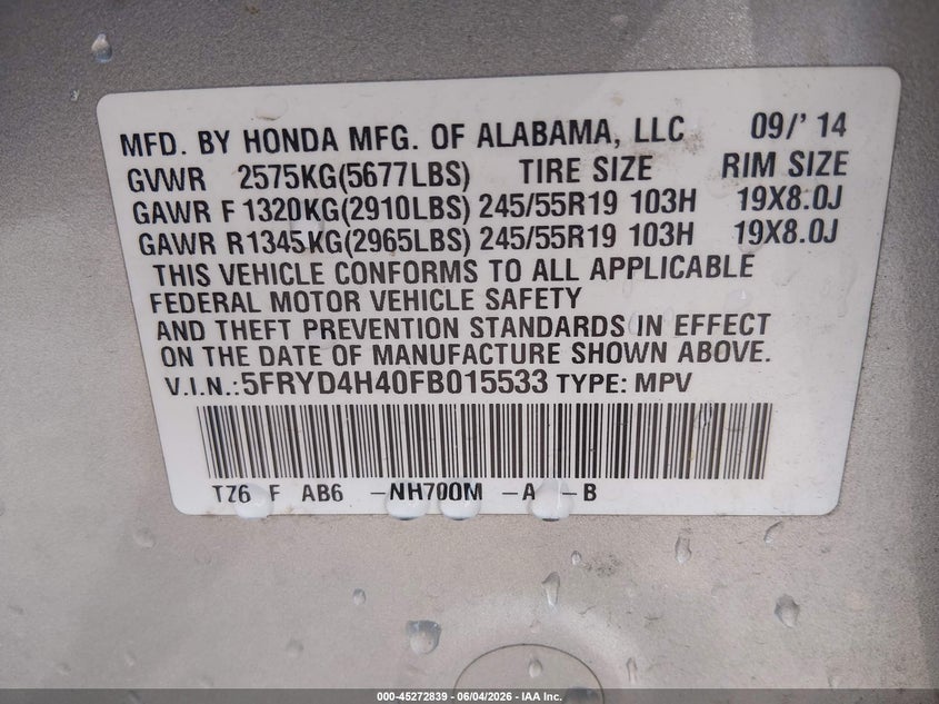 2015 Acura Mdx VIN 5FRYD4H40FB015533 IAAI salvage auction — SIDE, Wait Title, sold $825 on 2026-10-17 (photo 9)