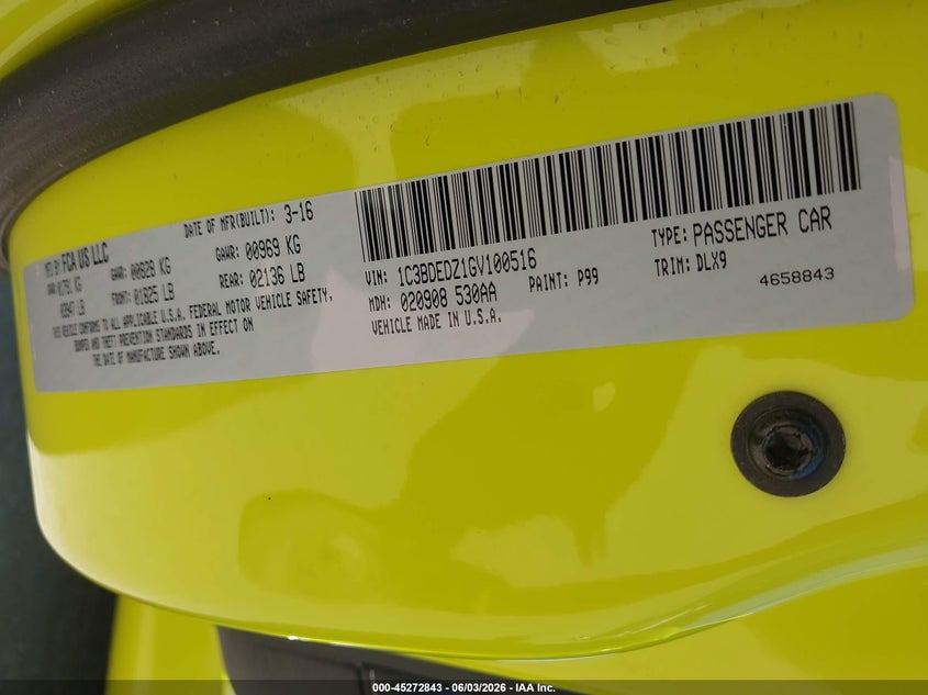 2016 Dodge Viper VIN 1C3BDEDZ1GV100516 IAAI salvage auction — FRONT END, Salvage Title, sold $55,500 on 2026-07-27 (photo 9)